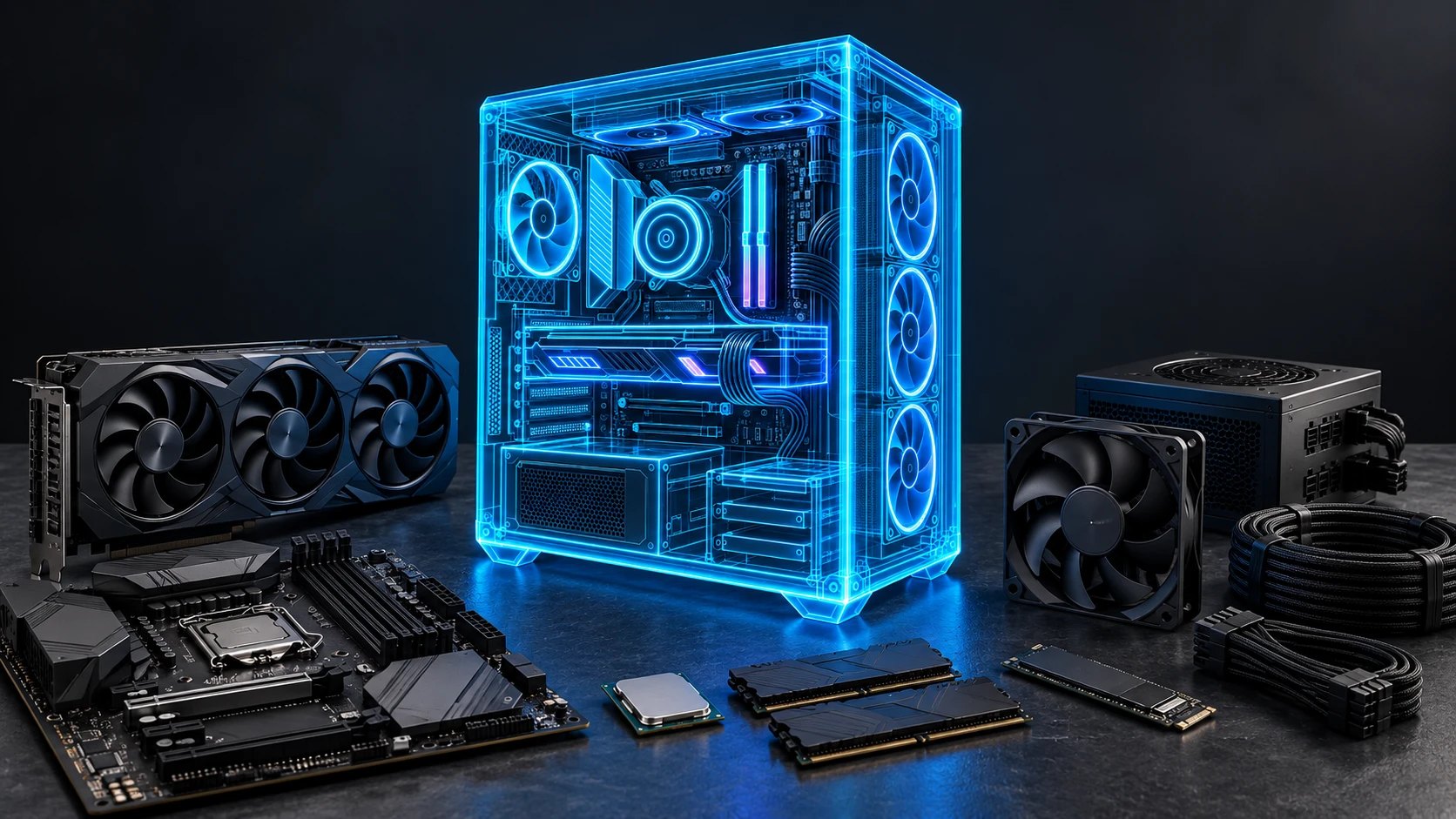Priehľadná modrá PC skrinka obklopená komponentmi – grafická karta, základná doska, procesor, RAM, SSD a zdroj